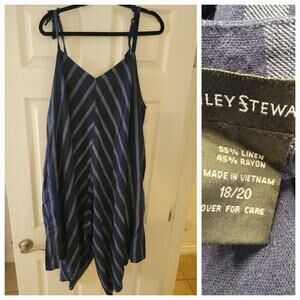 Ashely Stewart Linen Wide Crop Boho Yoga Jumpsuit Plus 18/20 Blue Striped Beach